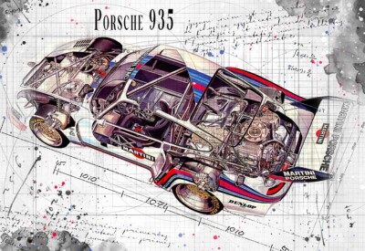 Line Tech Zeichnung Porsche 935 Martini Rennen Porsche Cutaway Kunst Poster Druck