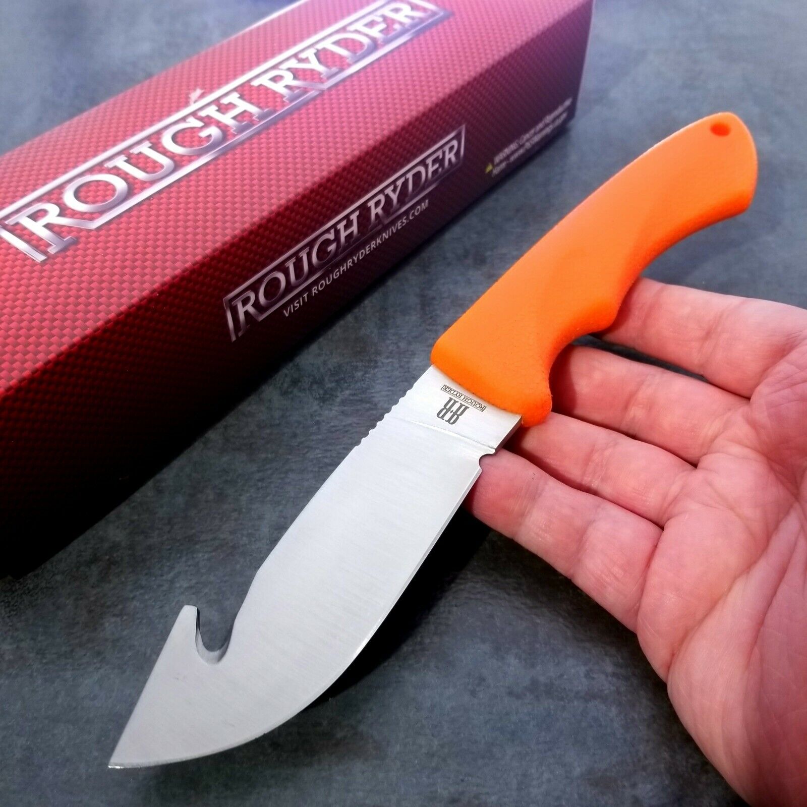ROUGH RIDER RR1441 GUTHOOK ORANGE RUBBER FINGER GROOVE HANDLE FIXED BLADE KNIFE 