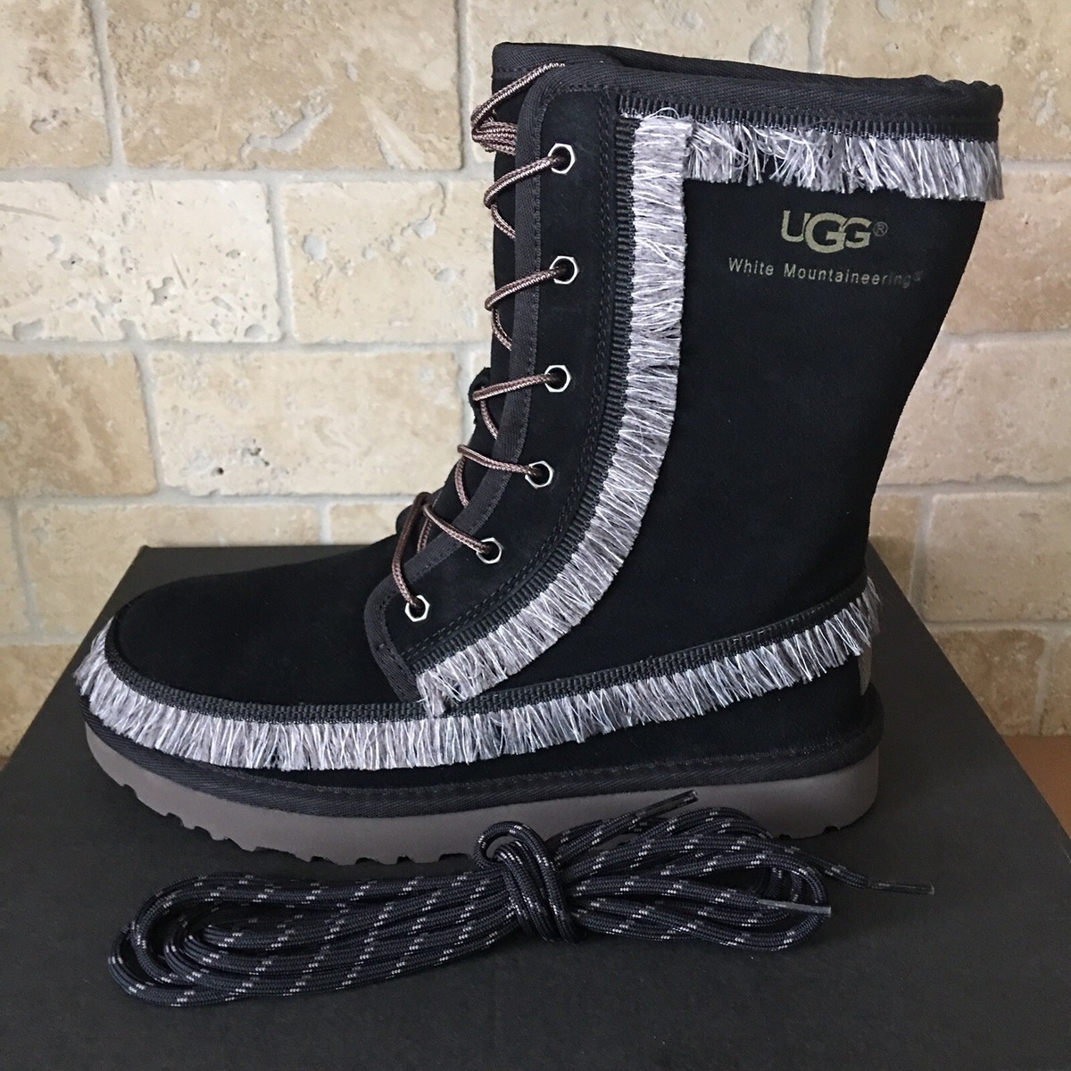 UGG x WHITE MOUNTAINEERING RIKI LACE TALL BLACK SUEDE SHEEPSKIN