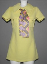 VTG Yellow Double Knit Lines 2-Pkt Necktie Yellow Short Stewardess Dress Wm's S