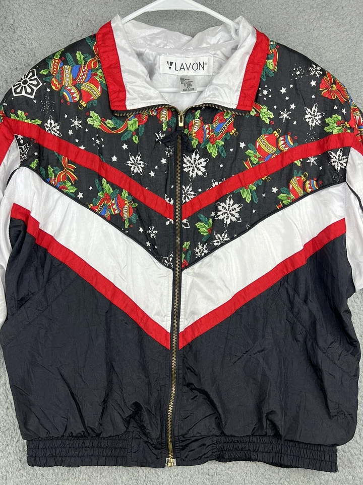 Chaqueta cortavientos retro vintage Lavon para mujer grande negra Navidad copos de nieve Foto 2 de 4