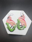 Vintage Hand Painted Wooden Flamingo Dangle Earrings Silver Tone Wires 3”Length — photo 3