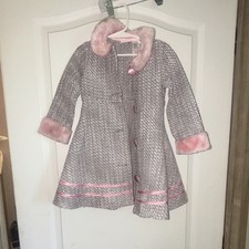 Blueberi Boulevard Girls Overcoat Gray Pink Faux Fur Trim Button Size 4T