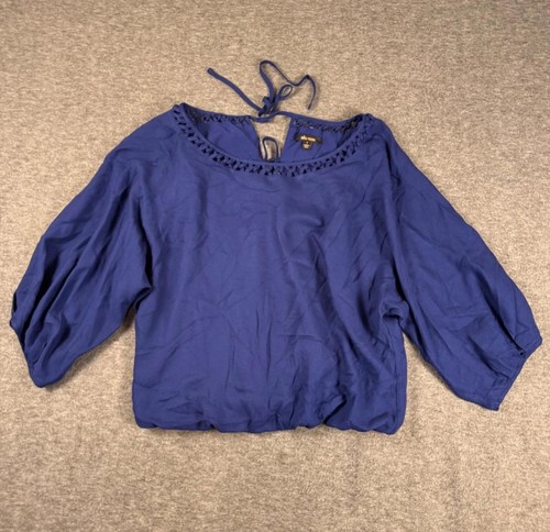 Ella Moss Blouse Womens Small Blue Peasant Top Braided Neck Tie Back Rayon Boho