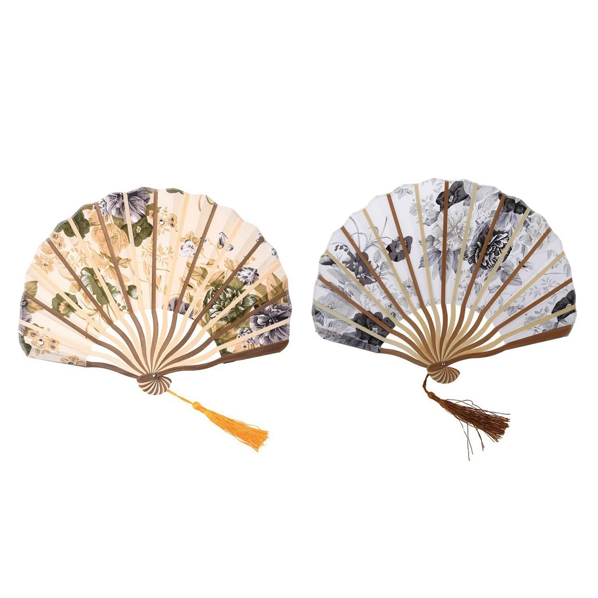 2 Pcs Chinese Gray Peony Blossom Fabric Bamboo Folding Dancing Hand Fan3453