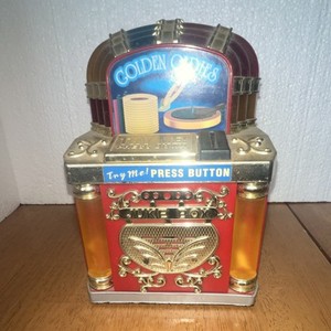 Jukebox Mechanical Bank Cookie Box Red Gold Press Button Golden Oldies