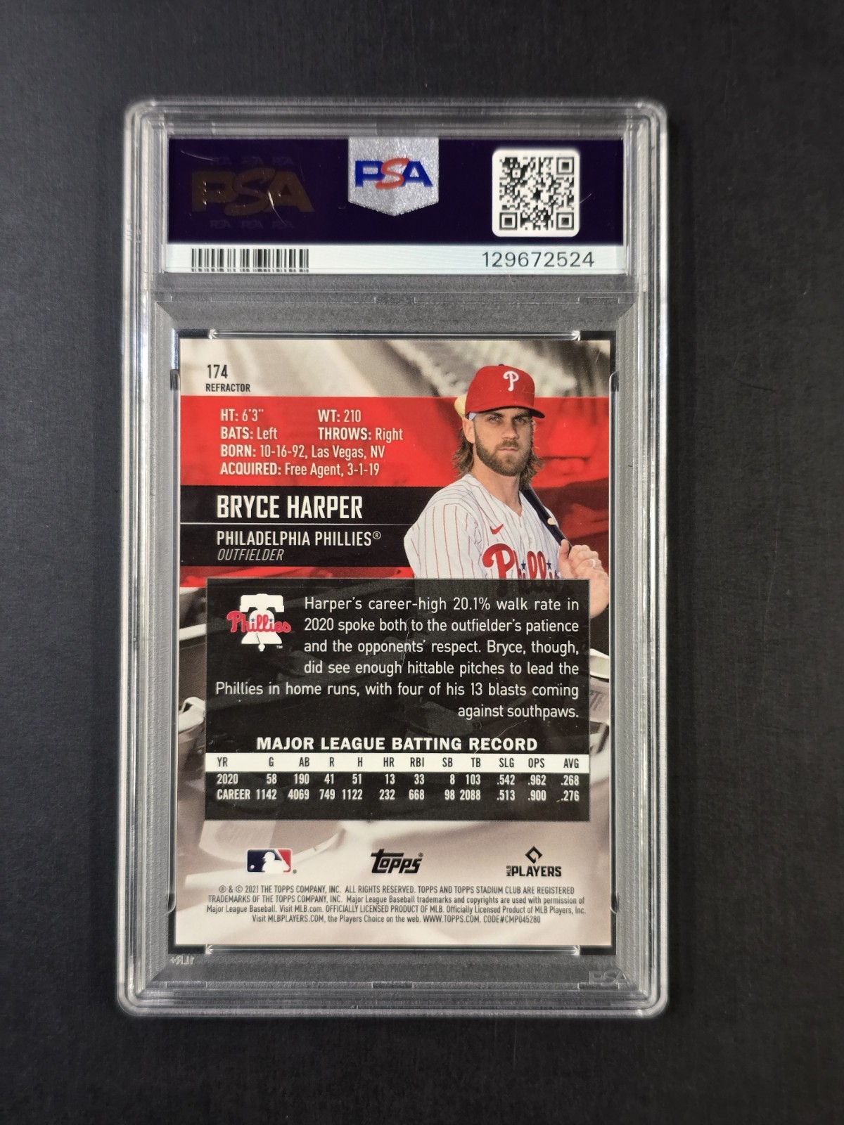 2021 Topps Stadium Club - Bryce Harper #174 Chrome Refractor PSA 10 Pop 4 view 2
