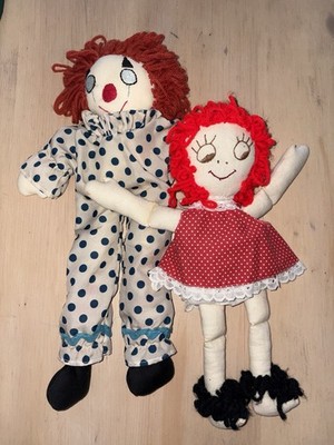 Lot of 2 Hand Crafted Cloth Dolls Folk Art, Clown Raggedy Ann Style Rag Dolls