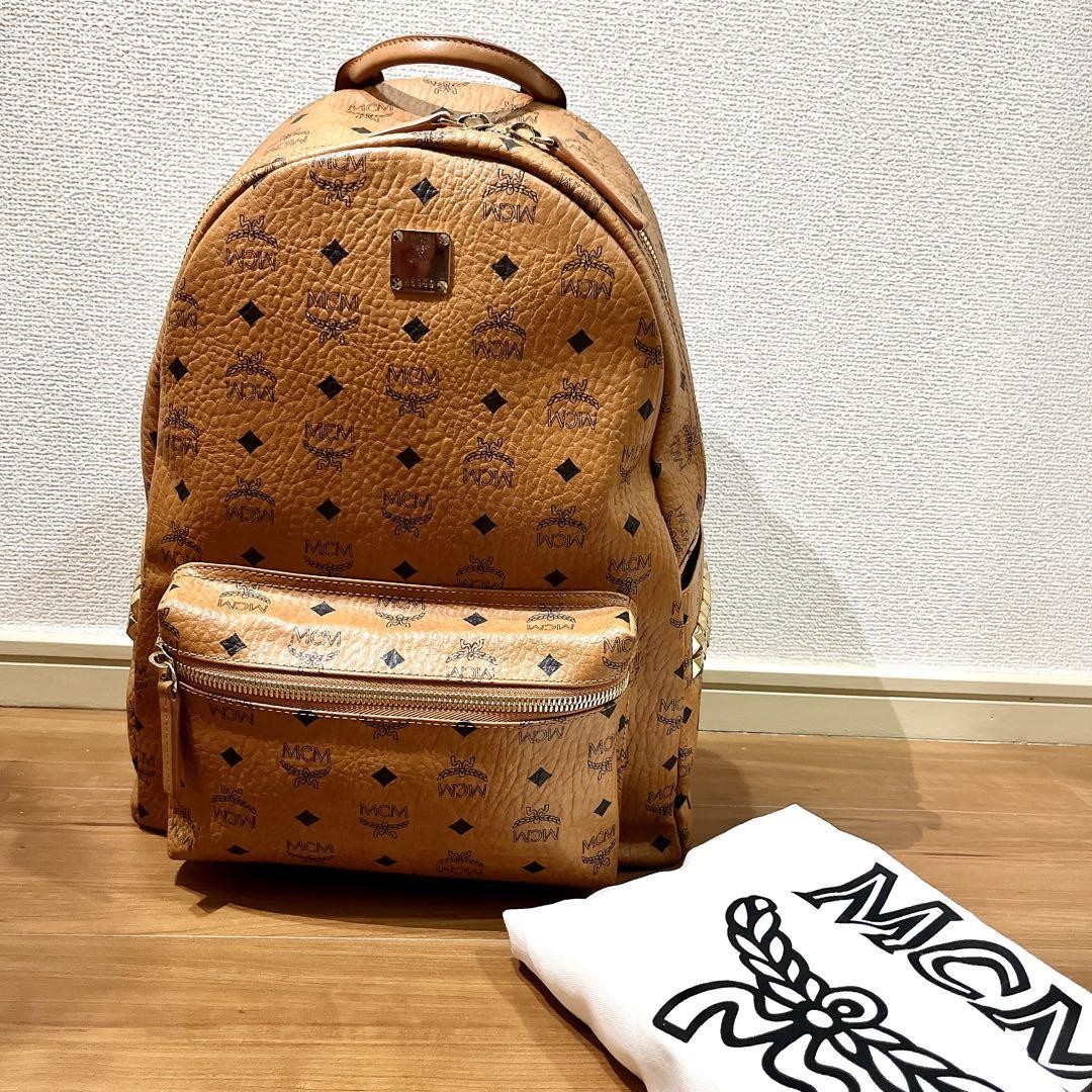 MCM Brown Leather Backpack Gold Logo Zip Used Stylish School Bag