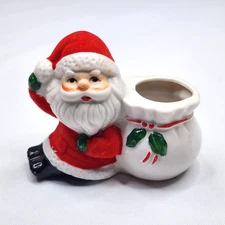 Vtg Ceramic Flocked Santa Sitting w Bag Figure 3.75" Candle Holder Mini Planter