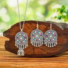 Bohemian Beaded Tassel Drip Oil Earrings and Bell Pendant Long Necklace Set