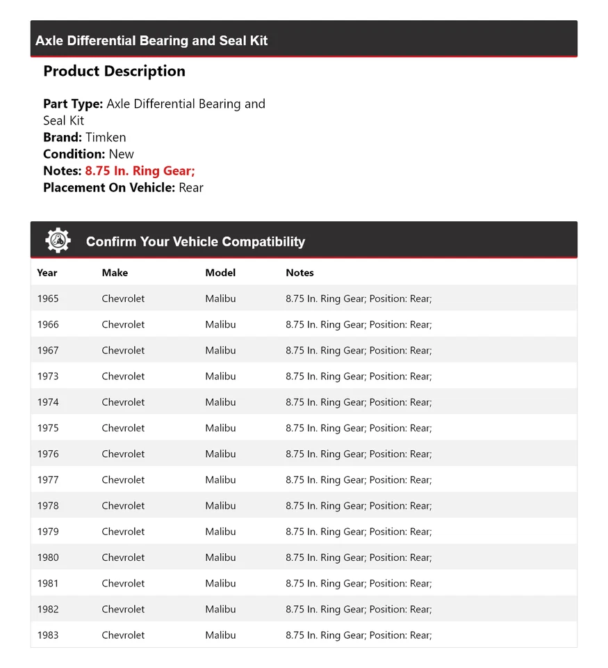For 65-67, 73-83 Chevrolet Malibu Axle Differential Bearing  Seal Kit Timke - Image 2 of 3