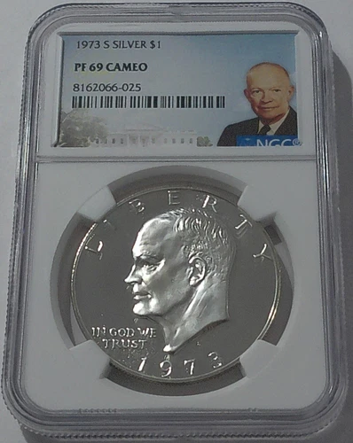 1973 S $1 NGC PF69 CAMEO SILVER PROOF EISENHOWER DOLLAR 40% SILVER IKE LABEL