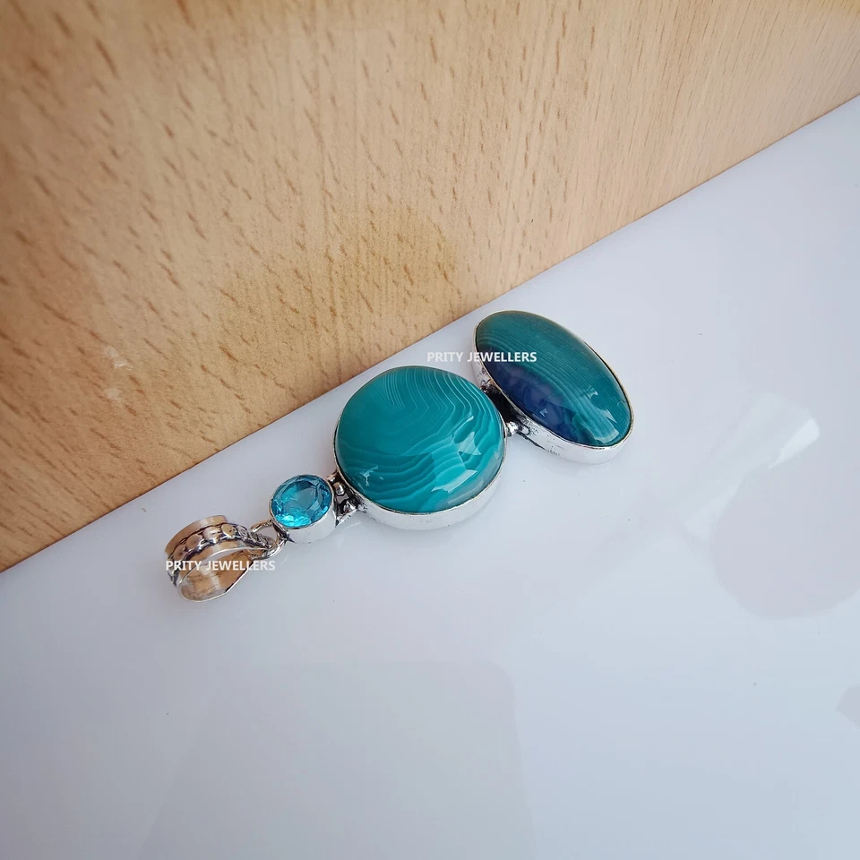 Green Botswana Agate Silver Plated Pendant , Large Antique Handmade Necklace - Image 2 of 3