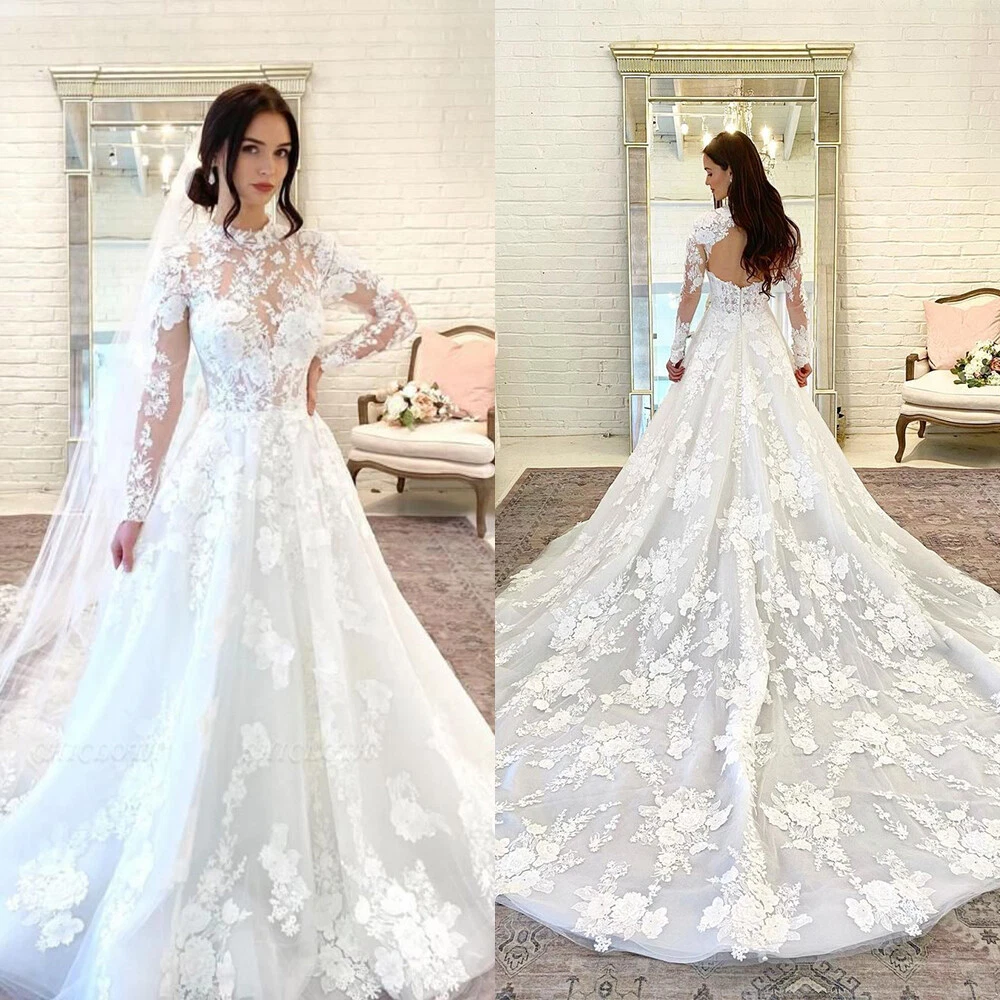 long sleeve a line wedding dress