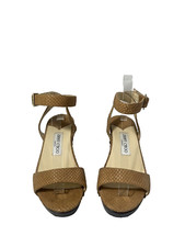 Authentic JIMMY CHOO Leather Snake Embossed Tan and Brown Wood heel size 37