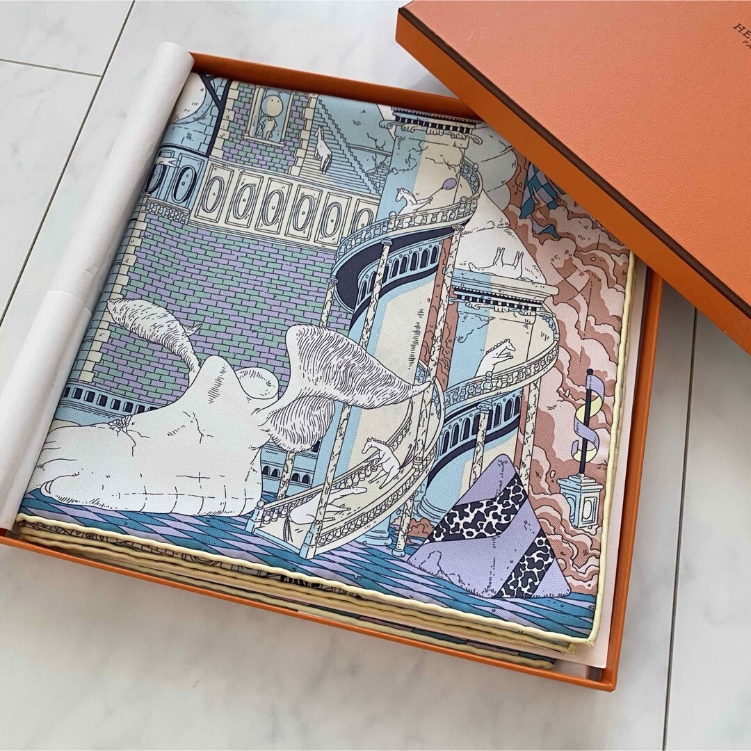 Hermes Scarf Hippopolis by Ugo Gattoni 90 cm Silk Carre horse castle light blue image 2