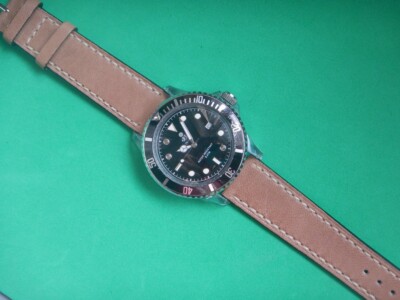 Bracelet Montre Cuir Agneau 18mm Marron Foncé - Couture Blanche - Fabriqué En France