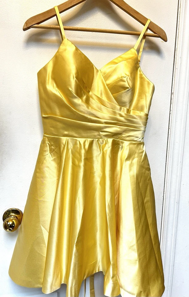Vestido de fiesta satinado dorado amarillo bolsillos ajustables hasta la rodilla talla 4 (S) nuevo con etiquetas Foto 4 de 4