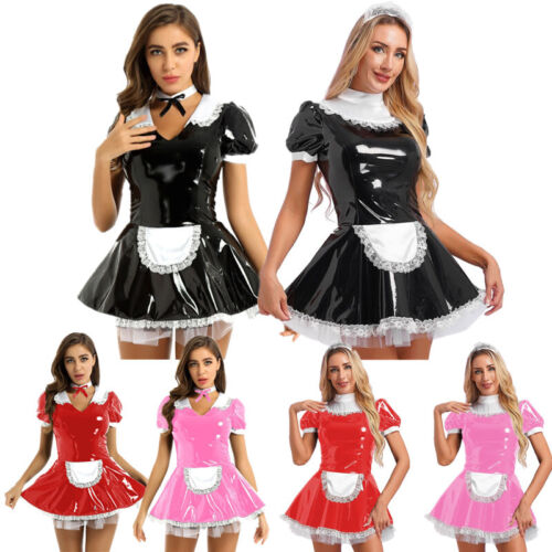 Women's Wet Look Patent Leather French Maid Cosplay Costume Mini Dress Clubwear - Afbeelding 1 van 73