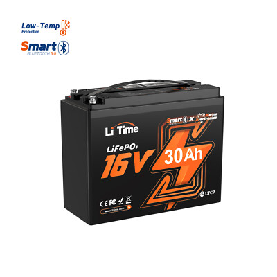 LiTime 16V 30Ah Fish Finder Bluetooth LiFePO4 Lithium Battery Marine Low-Temp