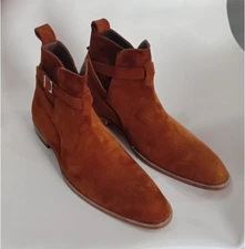 Men Tan Suede Jodhpurs Boots, Fashion Style Ankle Buckle Dress Boots