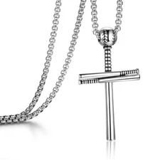 Baseball Bat Sports Cross Pendant Necklace Stainless Steel Black Silver Gold 24"