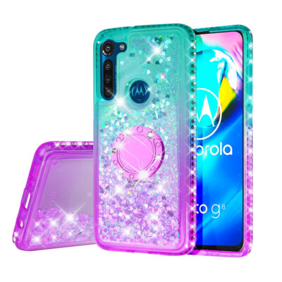 For Motorola Moto G8 Power Case Hybrid Liquid Glitter Diamond Bling Phone Cover