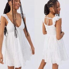 Urban Outfitters Malta Flutter Sleeve Mini Dress V Neck Polka Dot Smocked XL NEW