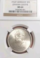 Germany 1932 F 3 Marks, Goethe, Rare Superb Gem NGC 64PQ, Beauty,  Low Mintage 