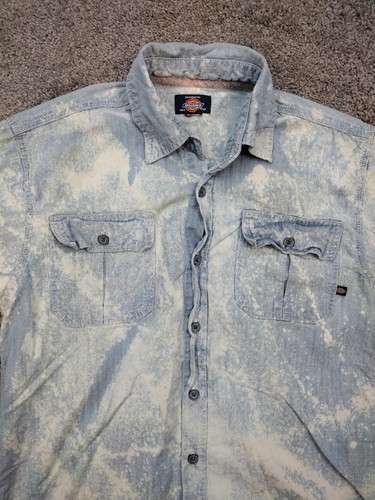 Vintage 90s Dickies Faded Denim Workwear Shirt Mens Y2K Acid Wash Front Pockets - Picture 4 of 12