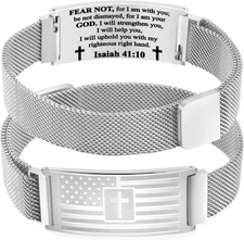 DouDiner American Flag/Flag Cross Bracelet for Men Boys,Stainless Silver 