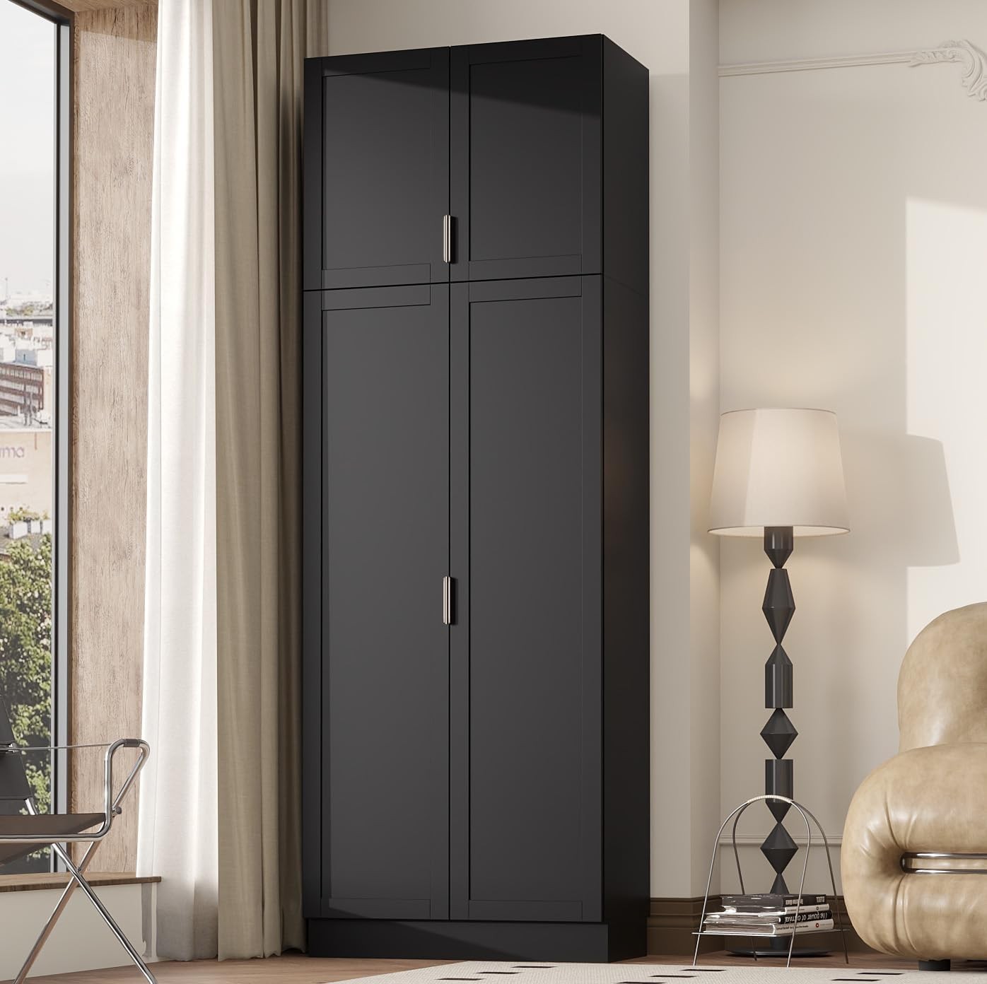 Modern 4-Tier Black Storage Cabinet & Tall Bookcase