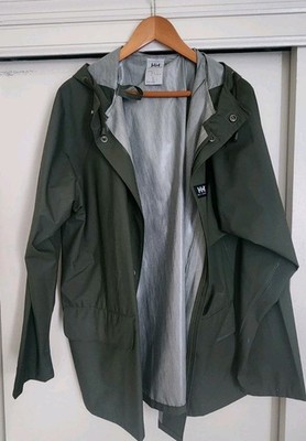 Helly Hansen Mens L Green Rain Jacket Hooded PVC Coat Trench Workwear Vintage