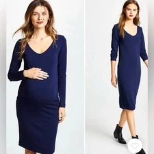 Hatch Dress Womens 1 Small The Gigi Midi V Neck Navy Blue Maternity Long Sleeve