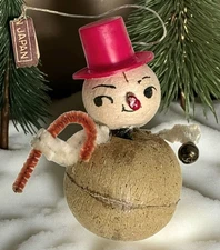 Vintage Japan Snowman Bobble Head Ornament Hat Christmas Putz Chenille Candy MCM