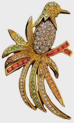 ''BIRD OF PARADISE'' MULTICOLOR CRYSTALS BROOCH GOLD-PLATED NOLAN MILLER DESIGNER 