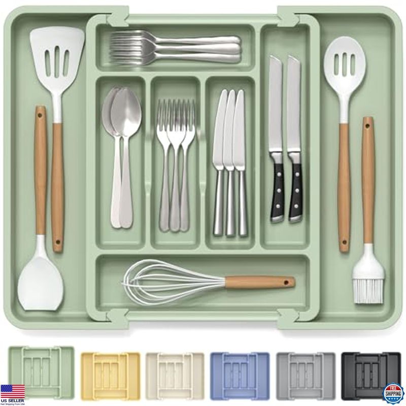 Caperci Expandable Silverware Organizer - Large Sage Green Cutlery Storage,