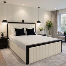 Image of Panelled Piping Border Bed Frame Velvet Ottoman Storage Divan Bed with Headboard