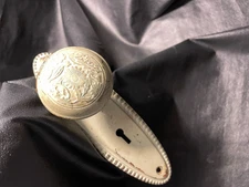 Vintage Brass Door Knobs & Escutcheon Plate Ornate Embossed USA Seller $5 Ship