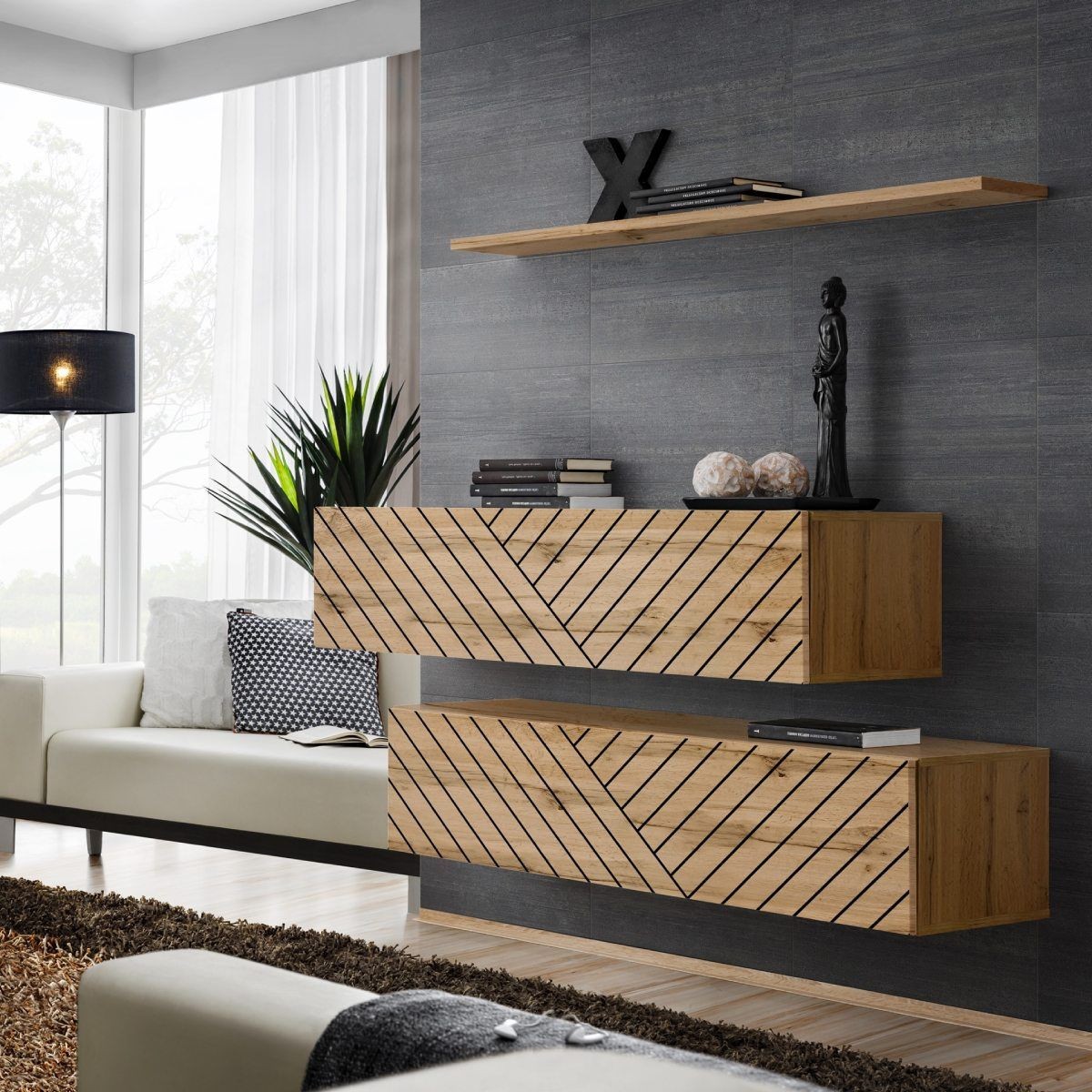 Banc mural et étagère Switch SBII 130cm naturel rainuré pour salon