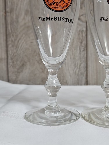 VECCHI BICCHIERI WHISKY Mr. BOSTON con piedi, logo arancione e nero, altezza 5,75", SET DI 6 - Foto 3 di 16