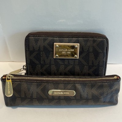 Michael Kors Jet Set Travel Continental Wallet Brown & Gold And Long Zip Case