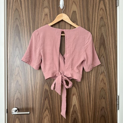 Topshop Pink Button Wrap Short Sleeve Tie Back Linen Blend Crop Top UK 8 NEW - Picture 4 of 5