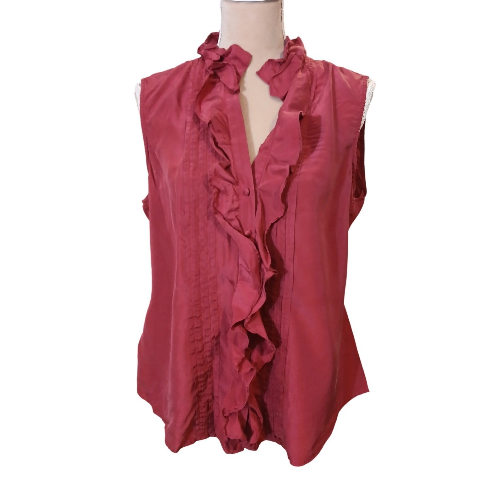 Talbots 100% Silk Sleeveless Ruffle Front Button … - image 1