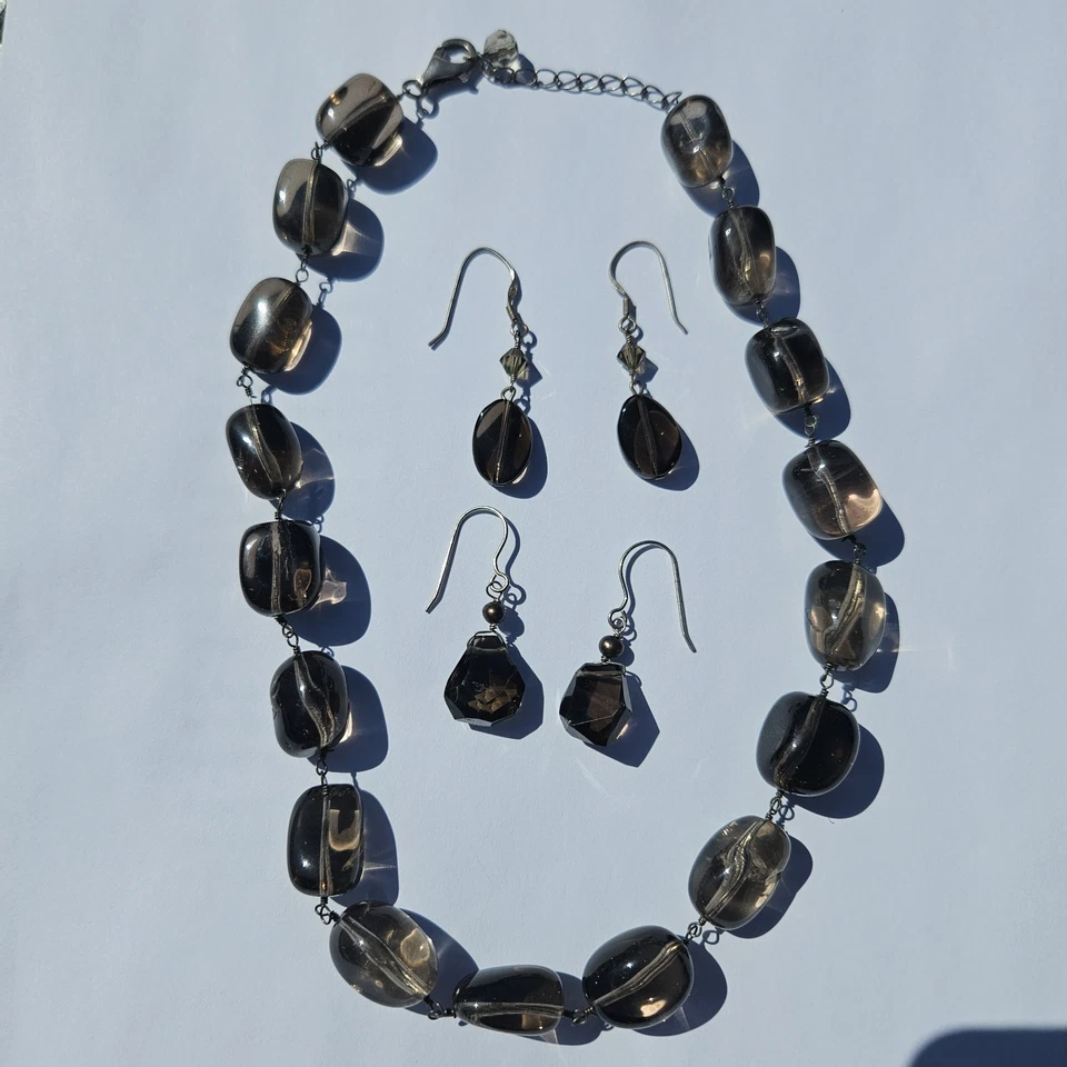 Collar Topacio Ahumado Natural Marrón Plata de Ley 925 + 2 Pares Pendientes Foto 2 de 4