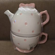 NEW Hand Painted Pink And White Bow Top Tea Set For One