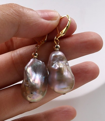 24 mm Purple Keshi Baroque Pearl Earrings Drop 18KGP - Picture 2 of 2