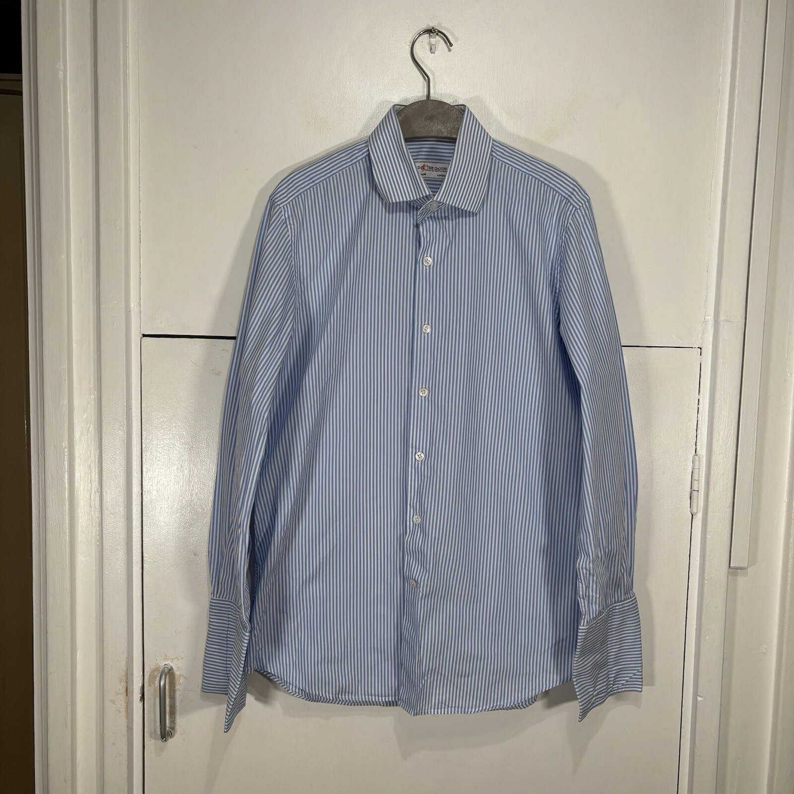 Camicia Cad & The Dandy Savile Fila Riga Blu Manica Lunga Doppio Polsino Su Misura 17"