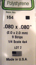 EVERGREEN 164 STYRENE STRIPS .080 X .080  9 ea 
